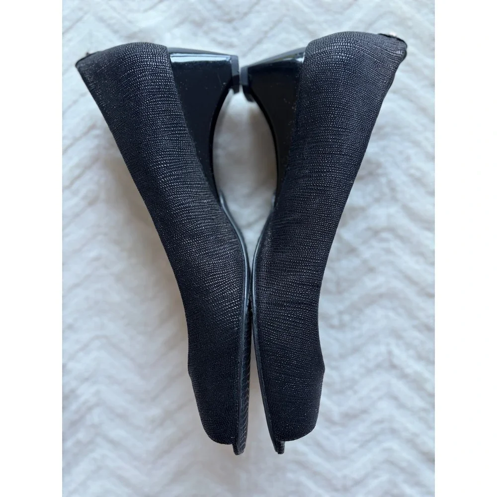 Stuart Weitzman Black Textured Peep Toe Wedge Pumps Womens 10 Good